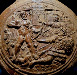 Roman sigillata flask from Gaul, Hercules and Laomedon, 1st century AD